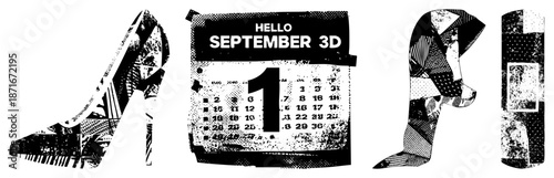September 1st Calendar with High Heeled Shoe and Abstract Figures in Halftone Style