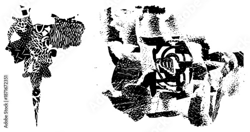 Abstract Black and White Stylized Human Figures in Textured Vector Art