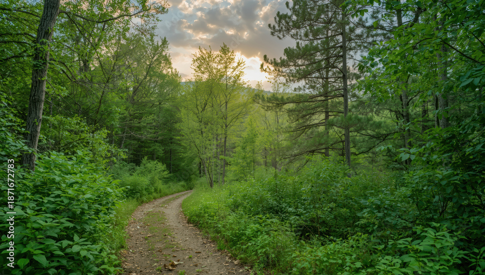 Obraz premium Lush forest trail at sunset with winding dirt path and vibrant green foliage