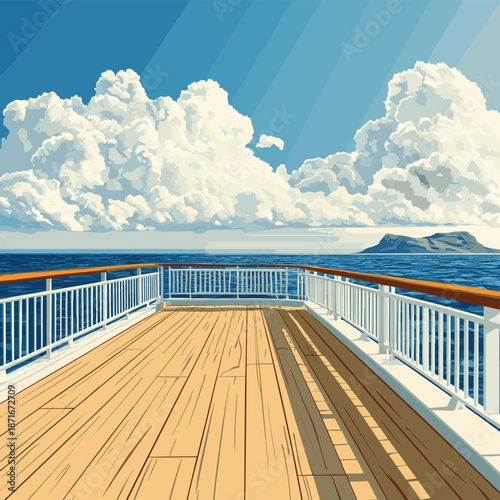View from a wooden ship deck overlooking the ocean with a distant island and cloudy sky. , vector style simple color