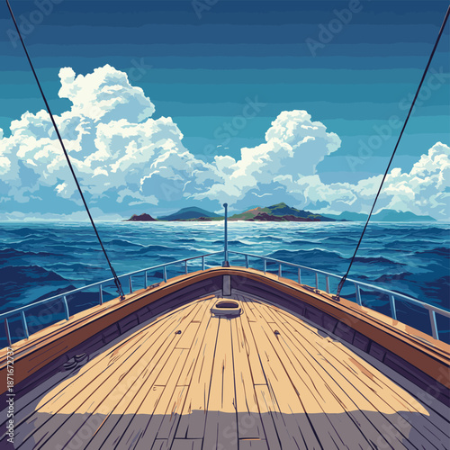 View from a wooden ship deck overlooking the ocean with a distant island and cloudy sky. , vector style simple color