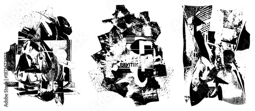 Abstract Collage of Fragmented Text and Geometric Shapes in Halftone Style