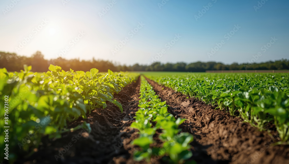 Obraz premium Young vegetable seedlings in neat soil rows under bright sunrise, fresh natural growth