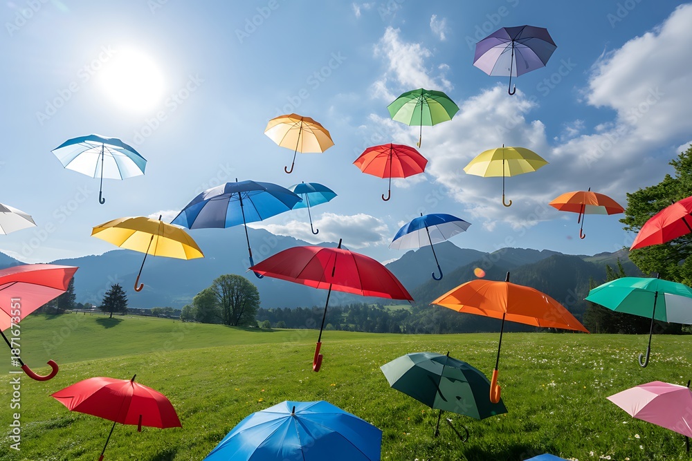 Fototapeta premium colorful umbrellas flying in the air on a sunny day.