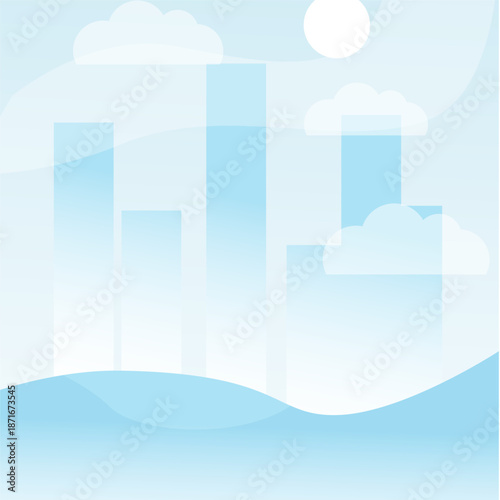 Abstract illustration of a serene blue landscape with geometric shapes and clouds.