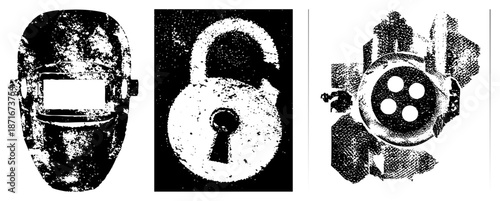 Welding Helmet, Padlock, and Four Hole Button in Halftone Vector Style