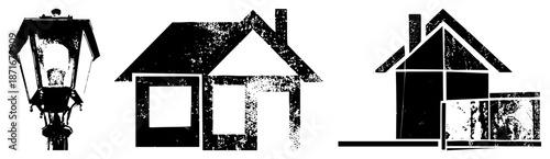 Vintage Street Lamp and Simplified House in Grunge Style