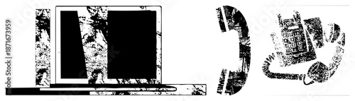 Vintage Laptop and Rotary Phone with Distressed Texture Design