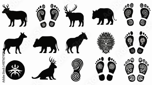 Collection of Animal Silhouettes and Footprints.