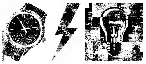 Vintage Watch, Lightning Bolt, and Light Bulb in Halftone Vector Design