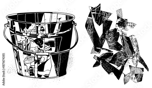 Abstract Bucket with Reflective Panels and Geometric Scrap Metal Fragments