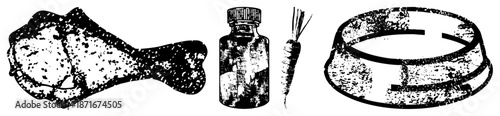 Vintage Style Chicken Leg, Medicine Bottle, Carrot, and Bowl in Halftone Vector Art