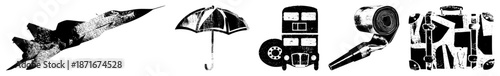 Vintage Halftone Jet, Umbrella, Bus, Hairdryer, Suitcase in Dot