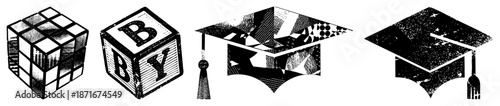 Four Black and White Educational ’s Cube, Blocks, Graduation Caps