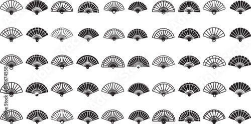Collection of various hand fan designs and patterns in black and white