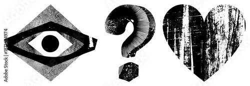 Vintage Halftone Eye, Question Mark, and Heart Symbols in Black and White