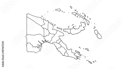 Papua New Guinea Map with Administrative Divisions Outline on Isolated White Background