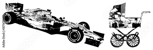Vintage Stroller and Modern Formula 1 Car Side by Side Vector Illustration