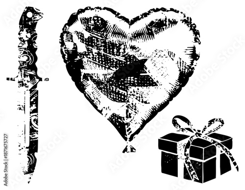 Heart Balloon, Gift Box, and Dagger in Bold Halftone Vector Design