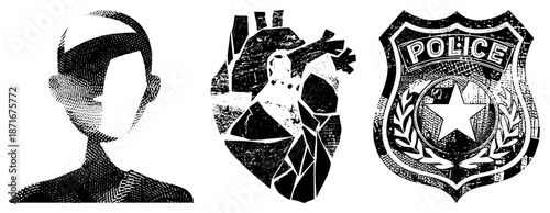 Stylized Human Profile, Anatomical Heart, and Police Badge in Halftone Vector Design