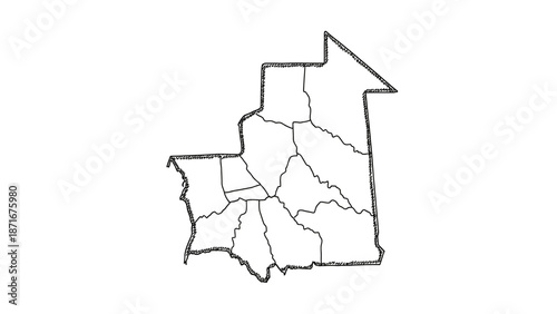 Mauritania Map with Administrative Divisions Outline on Isolated White Background