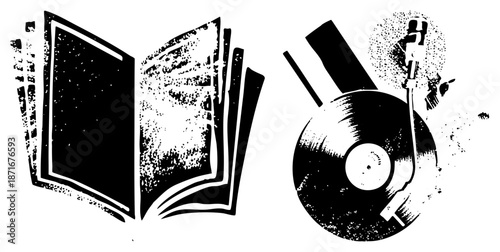 Open Book and Vinyl Record Player with Stylus in Halftone Style