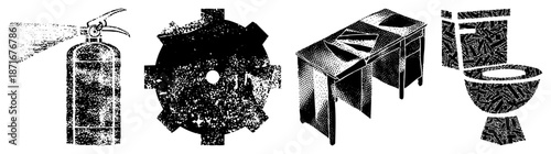 Halftone Fire Extinguisher, Circular Saw Blade, Desk, Toilet Vector