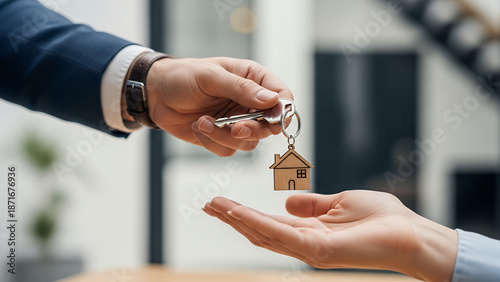 Handing Over House Keys – Real Estate Deal Closing and New Home Property Ownership Concept