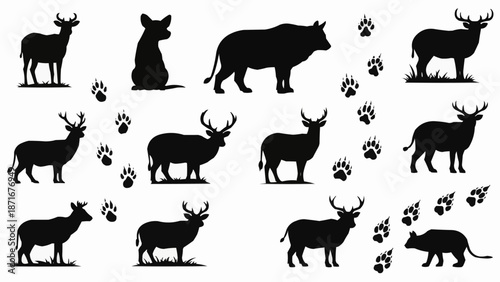 Collection of Animal Silhouettes and Paw Prints.