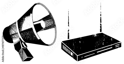 Megaphone and Wireless Router Symbolizing Digital Communication