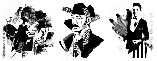 Three Stylized Portrait Illustrations in Abstract Geometric