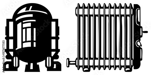 Vintage Radiator and Train Carriage Silhouettes in Black and White Vector Art