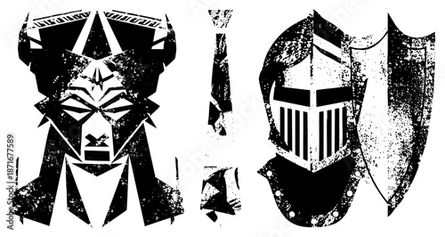 Geometric Warrior Helmets with Distressed Texture and Shield