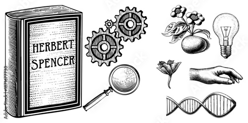Herbert Spencer Book with Gears, Lightbulb, DNA and Hand Symbols