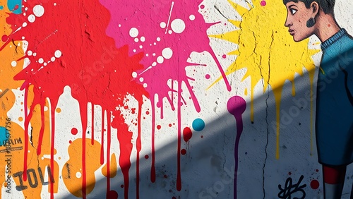 Urban wall adorned with vibrant paint splatters, embodying abstract street art energy.
