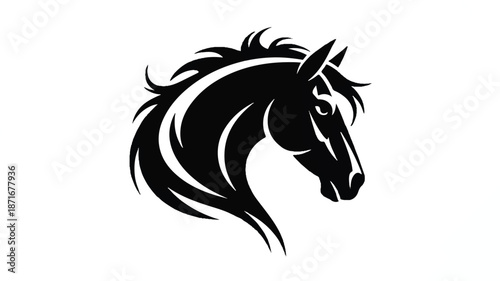 A minimalist black and white artistic illustration of a horse's head in profile view, facing left.  