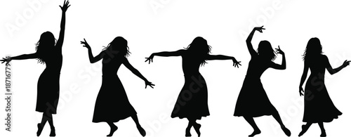 Female dancing silhouettes collection, expressive modern dance poses, graceful women movement, artistic black vector illustration isolated on white background