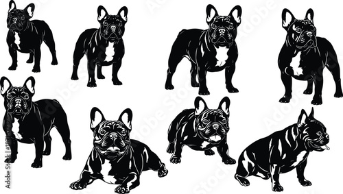 French bulldog silhouette vector illustration set, multiple dog poses collection, cute domestic pet icons isolated on white background