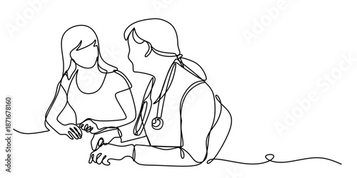 Continuous line drawing of a male and female doctor standing together  medical professionals  teamwork  and health care illustration