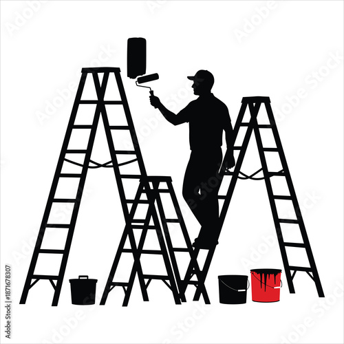 A man painting a picture of a man on a ladder silhouette