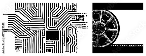 Abstract Tech Circuit Board and Vintage Film Reel Vector Illustration