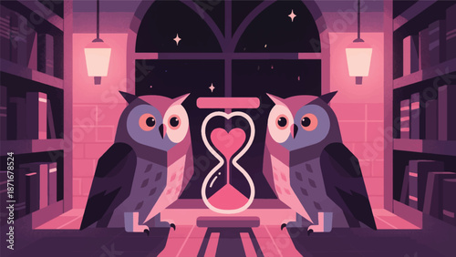 Illustration Of Two Old Owls Guarding A Heart-Shaped Hourglass, Library Nighttime Background Vector Design Template