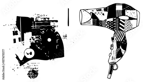 Vintage Camera and Hair Dryer with Distressed Graphic