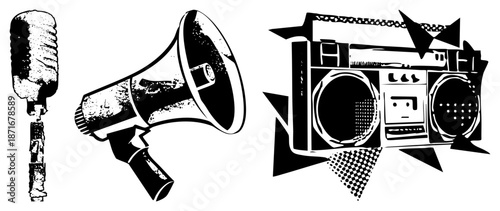 Vintage Gear Megaphone, Microphone, and Boombox in Retro Graphic Style