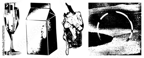 Halftone Illustration of Glass, Milk Carton, Ice Cream, and Circular Frame