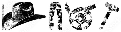 Vintage Western Cowboy Hat, Distressed Jeans, Soccer Ball, and Hammer in Halftone Vector Style