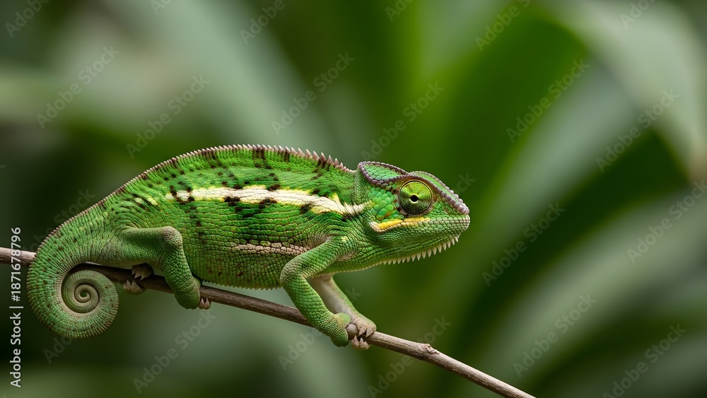Fototapeta premium Vibrant green chameleon perched on thin branch in lush environment