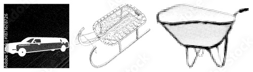 Halftone Vector Illustration of Limousine, Sled, and Wheelbarrow in Isolated Styles