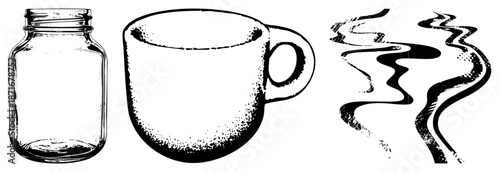 Coffee Cup, Mason Jar, and Wispy Vapor in Bold Art