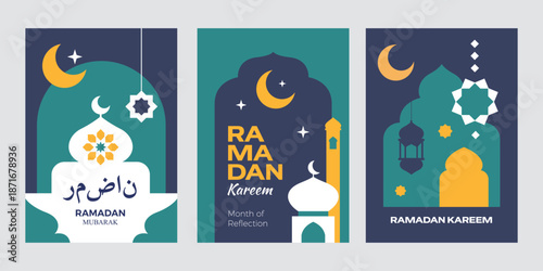Set of Ramadan Kareem cover, poster, greeting card with mosque, crescent moon, and islamic decorative elements in geometric flat style.